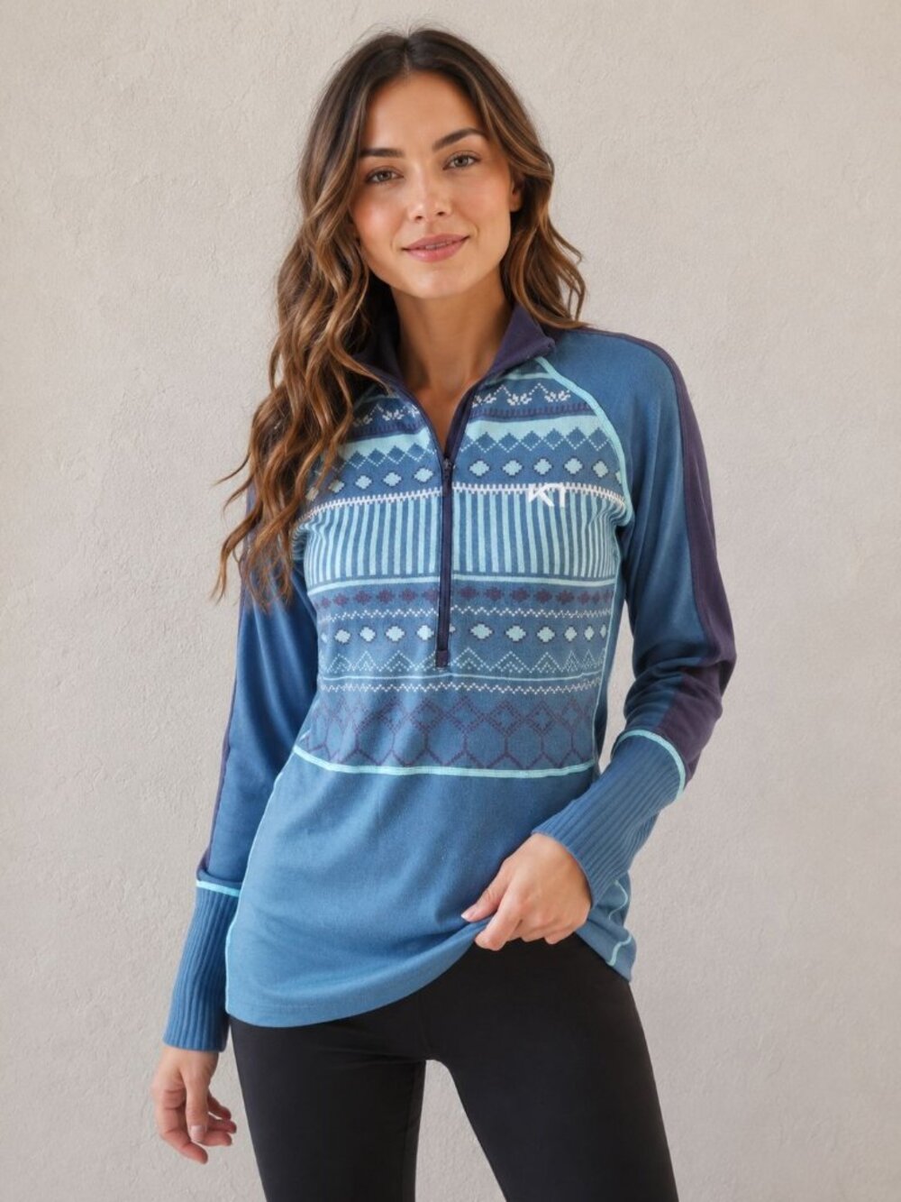 Blue Patterned Half-Zip Women's Top